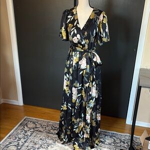 Baltic Born Black and Gold Wrap Maxi Dress Puff Sleeves